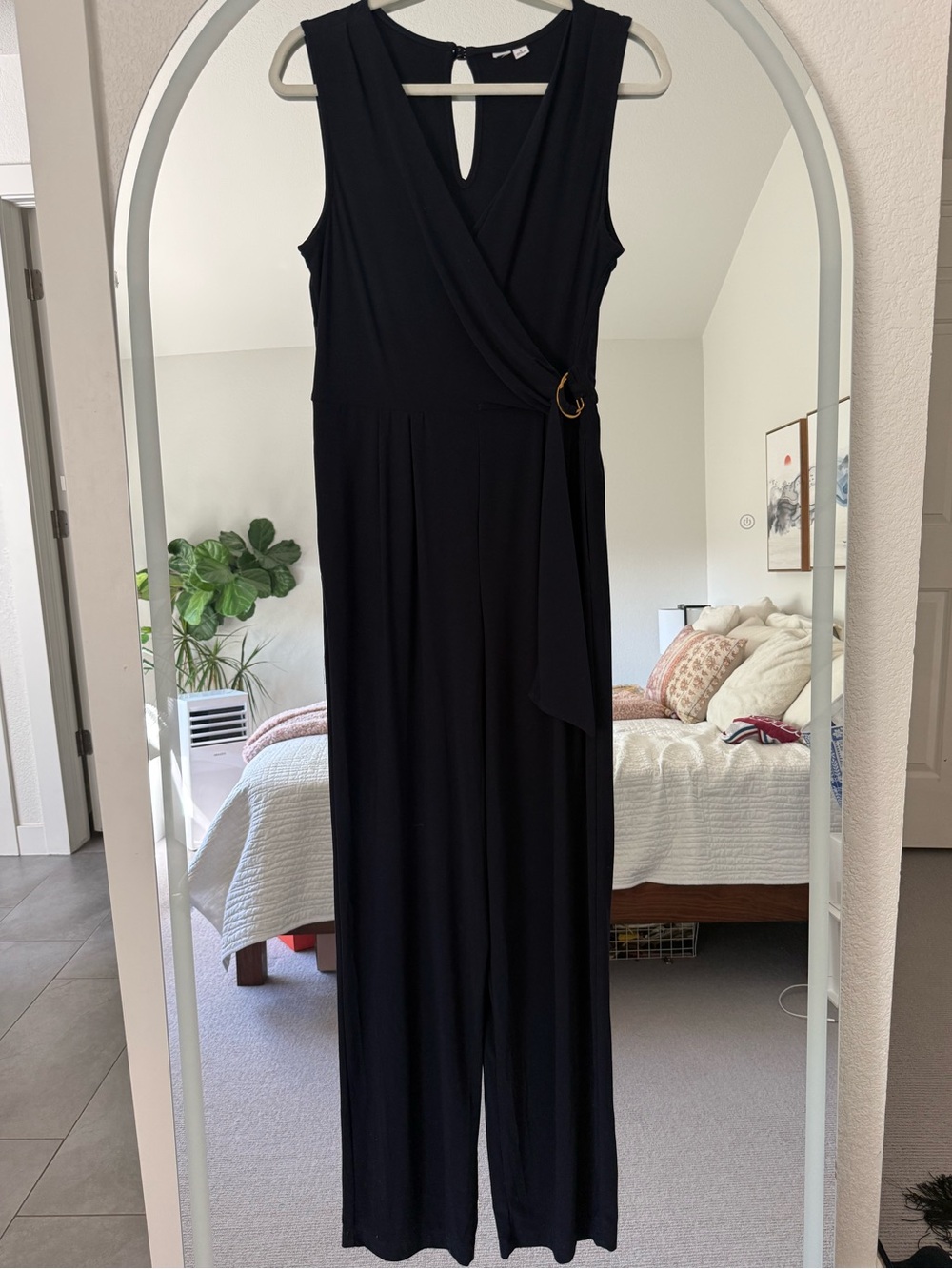 Sleeveless Navy Wrap-Front jumper with Buckle Detail